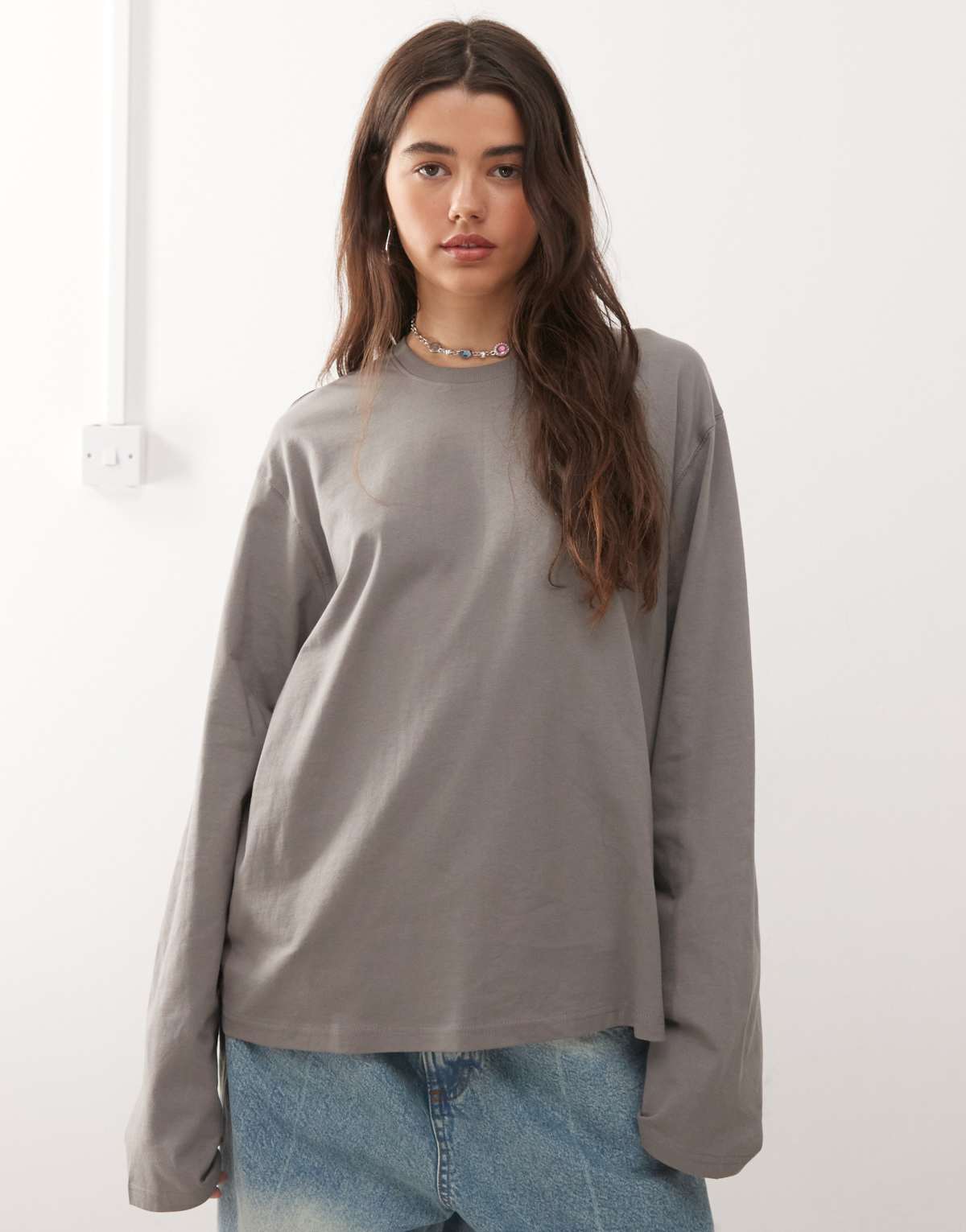Weekday boxy fit oversized long sleeve t-shirt in dark grey