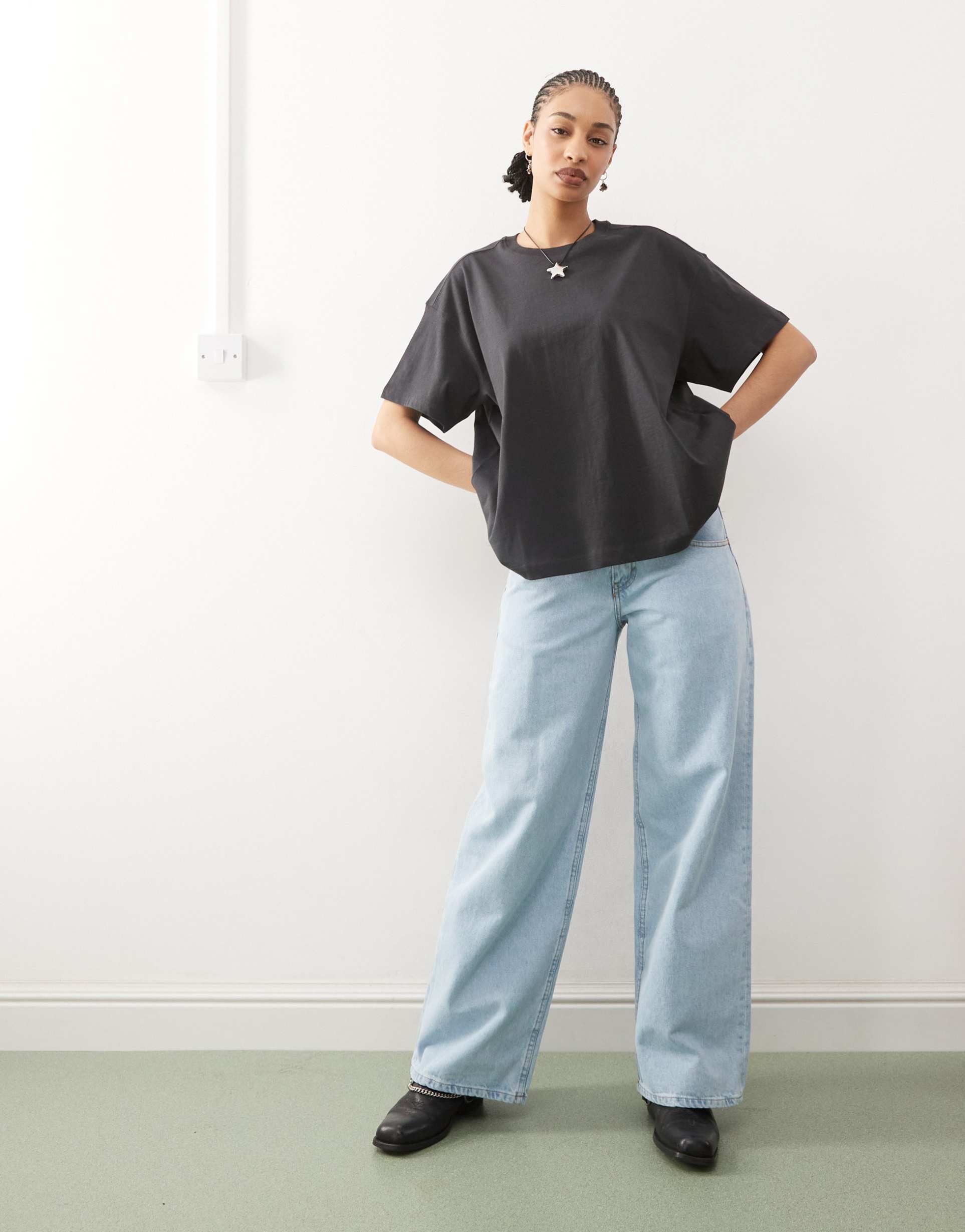 weekday boxy fit oversized t-shirt in off-black