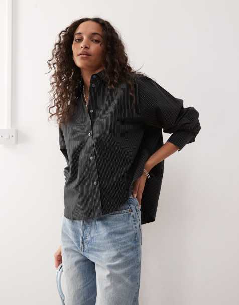 Weekday boxy fit shirt in black and grey stripe - view 1