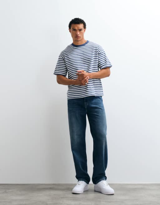 Weekday boxy fit t-shirt in navy and white stripe, 3 of 10