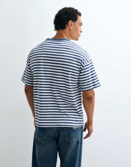 Weekday boxy fit t-shirt in navy and white stripe, 4 of 10