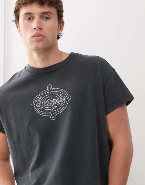 Weekday boxy fit t-shirt with cap sleeves and graphic print in washed black - view 1