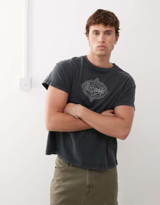 Weekday boxy fit t-shirt with cap sleeves and graphic print in washed black, 3 of 4
