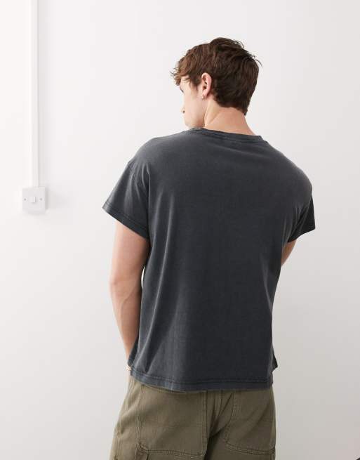 Weekday boxy fit t-shirt with cap sleeves and graphic print in washed black, 4 of 4