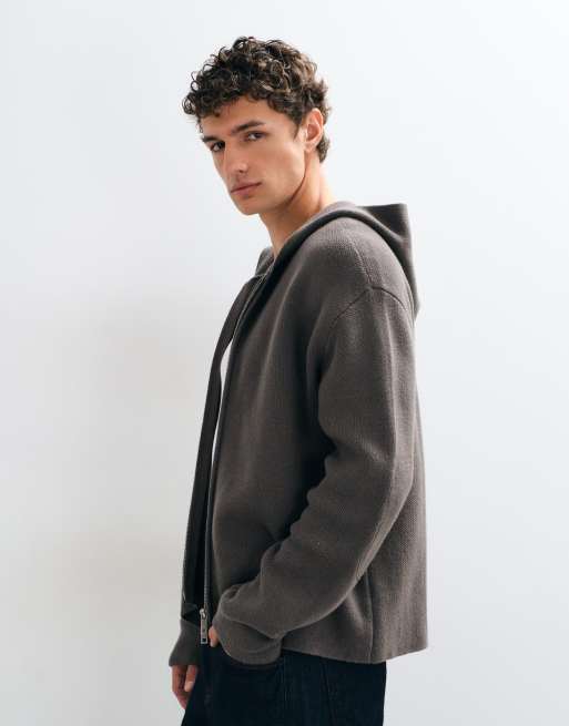 Weekday boxy fit zip hoodie with elbow patch detail in dark mole, 3 of 5