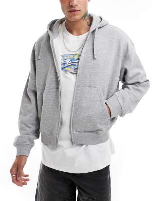 boxy fit zip through hoodie in gray melange