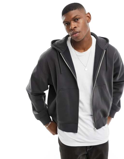 Weekday boxy fit zip through hoodie in off black