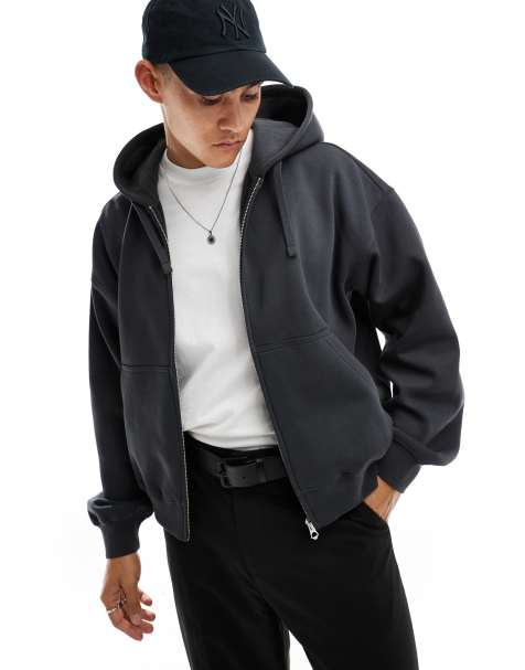 Weekday boxy fit zip through hoodie in off-black - view 1