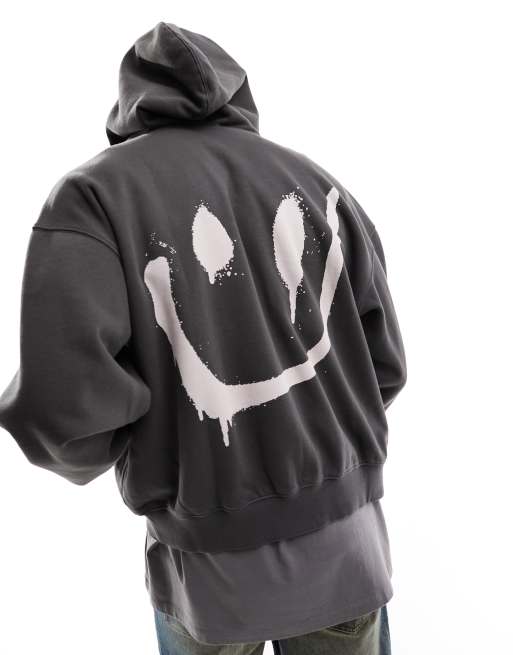 Weekday boxy fit zip through hoodie with back print in off black