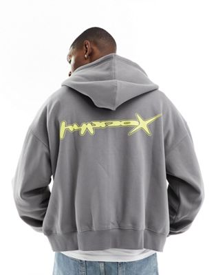 Weekday boxy fit zip through hoodie with raised print in grey