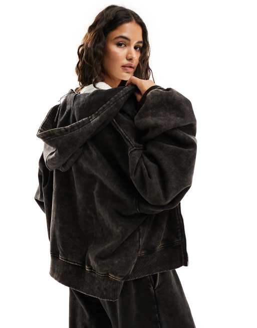 Weekday boxy fit zip up hoodie in washed brown part of a set