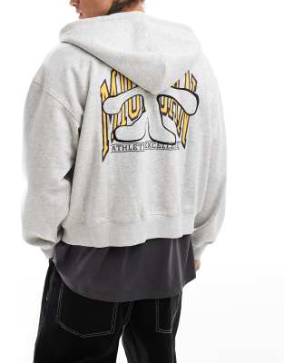 boxy fit zip up hoodie with varsity embroidered graphic in gray melange