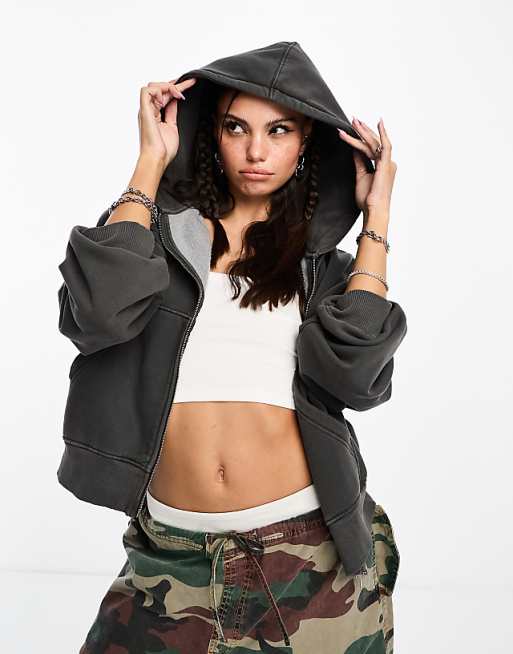 Weekday boxy heavyweight jersey zip up hoodie in dark gray Weekday boxy heavyweight jersey zip up hoodie in dark gray