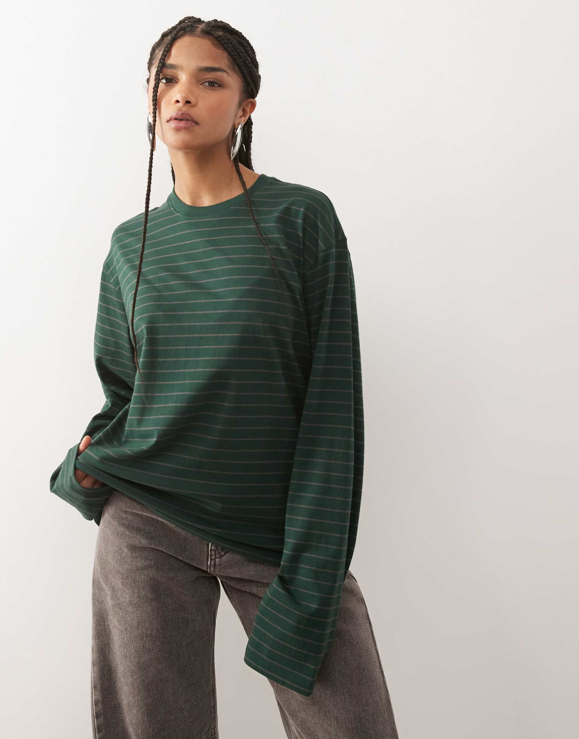 weekday boxy long sleeve tee in green stripes - exclusive to asos