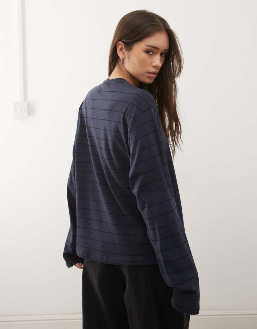 Weekday boxy long sleeve tee in navy stripe exclusive to ASOS, 4 of 4