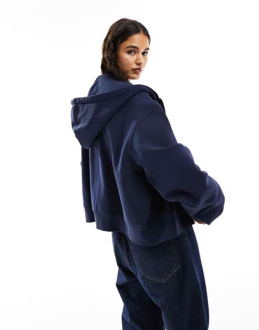 Weekday boxy loose fit zip through hoodie in dark blue | ASOS