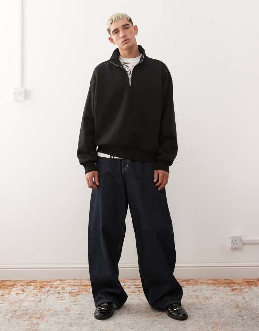 Weekday boxy oversized fit half zip sweatshirt in black | ASOS