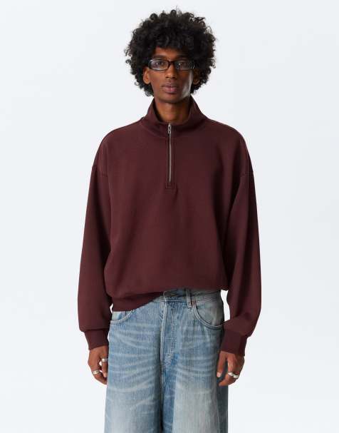 Weekday boxy oversized fit half zip sweatshirt in burgundy - view 1