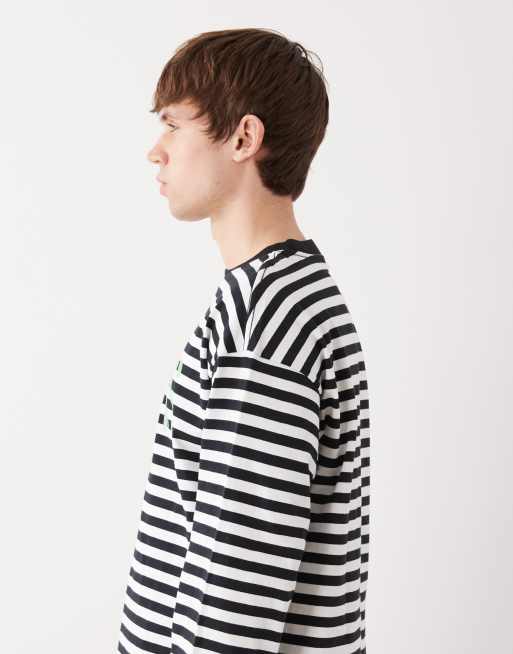 Weekday boxy oversized fit long sleeve graphic T-shirt in white striped print, 3 of 5