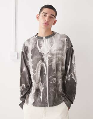 Weekday Boxy Oversized Fit Long Sleeve T-shirt With All Over Dragon Graphic Print In Gray