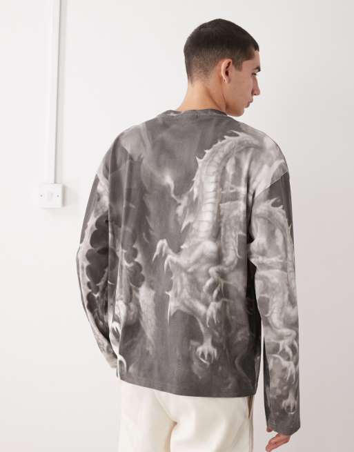 Weekday boxy oversized fit long sleeve t-shirt with all over dragon graphic print in grey, 3 of 5