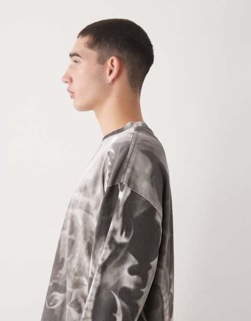 Weekday boxy oversized fit long sleeve t-shirt with all over dragon graphic print in grey, 4 of 5