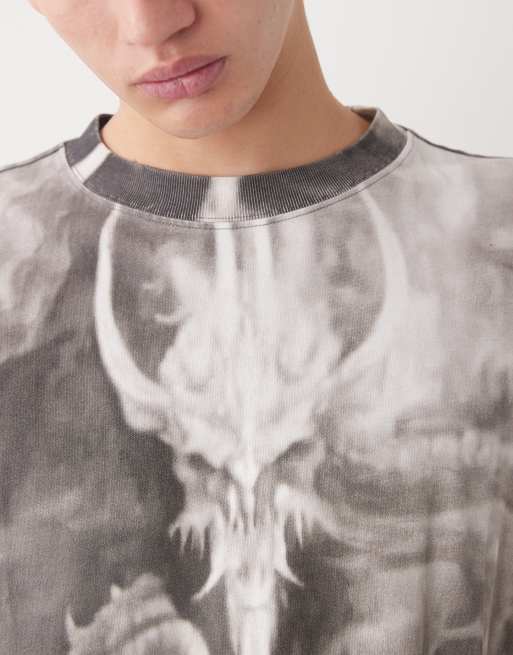 Weekday boxy oversized fit long sleeve t-shirt with all over dragon graphic print in grey, 5 of 5