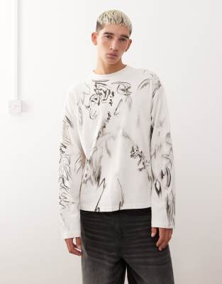 Weekday Boxy Oversized Fit Long Sleeve T-shirt With All Over Sketchbook Graphic Print In White