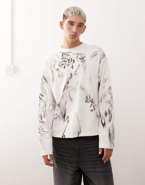 Weekday boxy oversized fit long sleeve T-shirt with all over sketchbook graphic print in white - view 1
