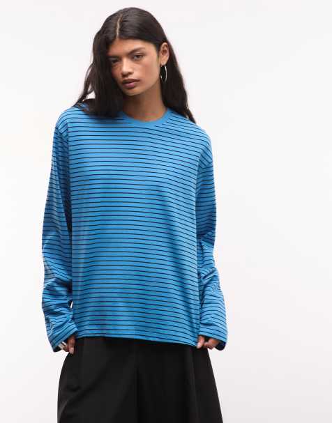 Weekday boxy oversized long sleeve top in black and blue stripe - view 1