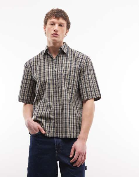 Weekday boxy oversized short sleeve shirt in navy and yellow check - view 1