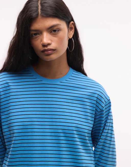Weekday boxy oversized top met lange mouwen in zwart en blauwe streep, 2 van 4