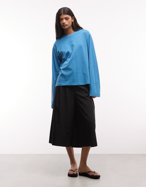 Weekday boxy oversized top met lange mouwen in zwart en blauwe streep, 4 van 4