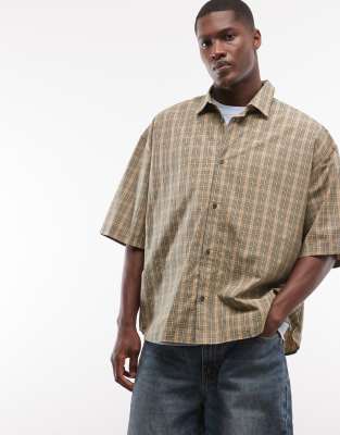 Weekday Boxy Shirt Sleeve Shirt With Pockets In Brown