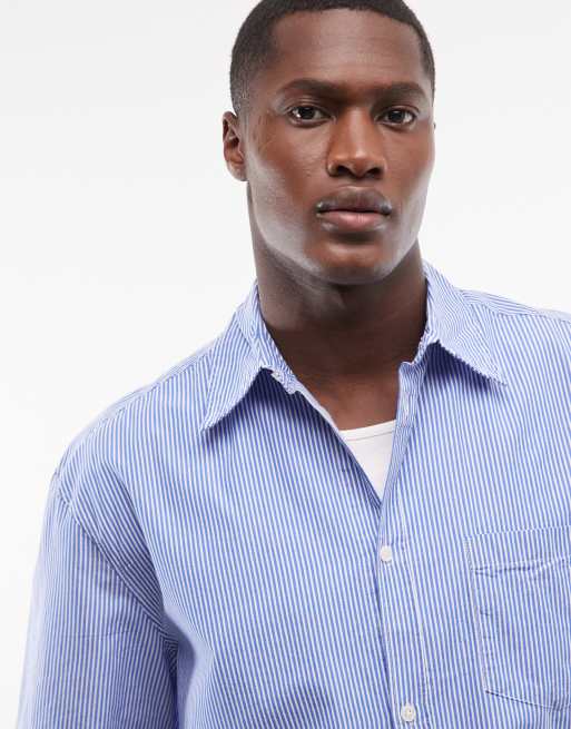 Weekday boxy short sleeve shirt in blue and white stripe, 5 of 5