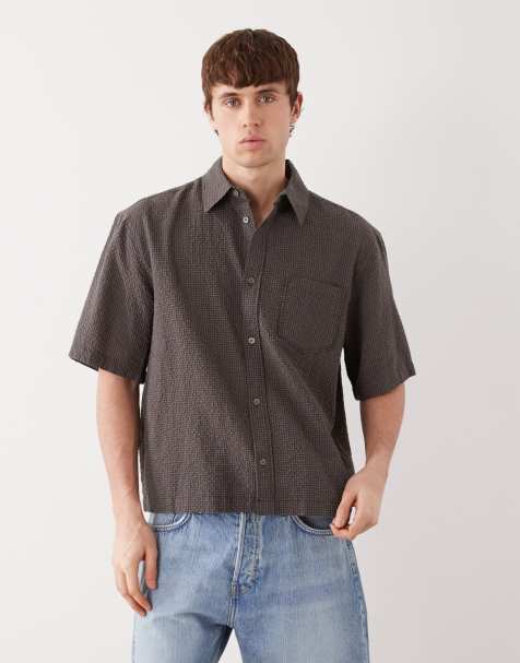 Weekday boxy short sleeve shirt in brown mini check - view 1