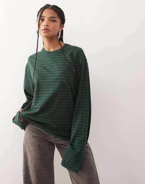 Weekday - Boxy T-shirt met lange mouwen in groen met strepen, exclusief bij ASOS - view 1