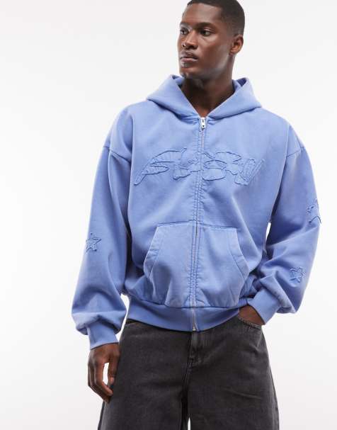 Weekday boxy zip through graphic print hoodie in sky blue - view 1