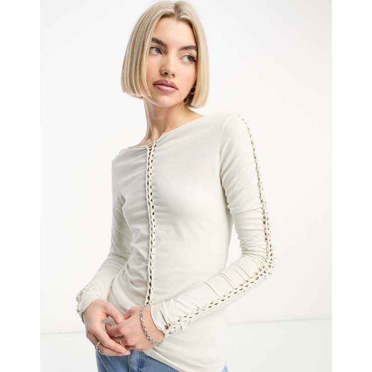 Weekday Braid cut out long sleeve top in off-white