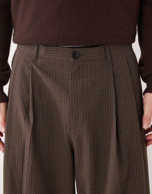 Weekday – Brązowe eleganckie spodnie oversize w prążki, 5 z 5
