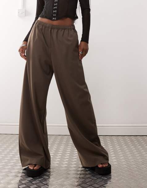 Weekday elasticated waist wide leg trousers in dark mole