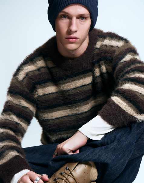 Weekday – Brązowy puszysty sweter oversize w paski - view 1