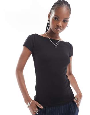 Weekday Weekday Brita semi-sheer top with slash neck in black