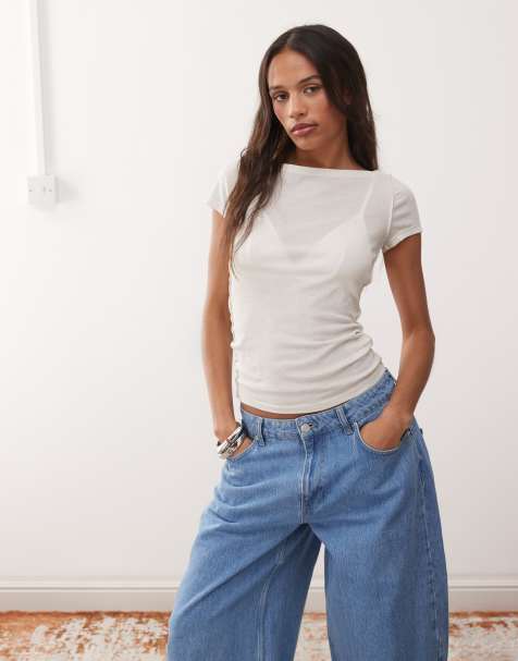 Weekday Brita sheer top with wide shoulder in off white - view 1