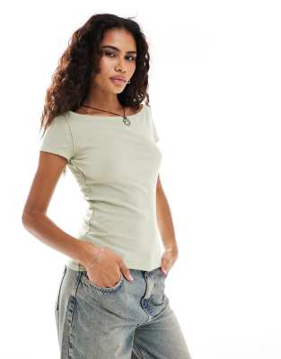 Weekday Weekday Brita slash neck top in pale green-Neutral