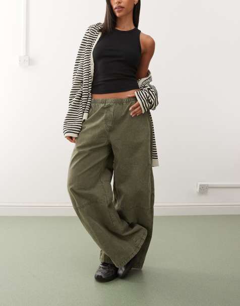 Weekday - Broek met super wijde pijpen en elastische taille in kaki met wassing - view 1