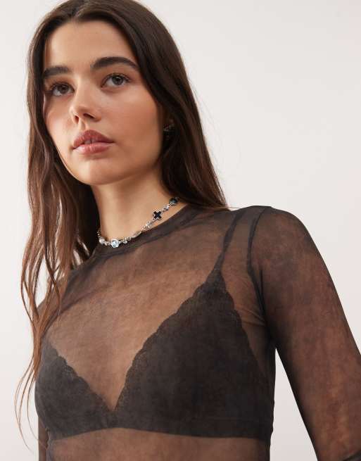 Weekday - Brun top med lange ærmer og falmet effektprint i mesh - Kun hos ASOS, 3 af 4
