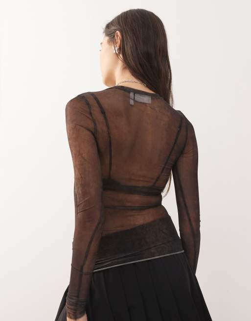 Weekday - Brun top med lange ærmer og falmet effektprint i mesh - Kun hos ASOS, 4 af 4