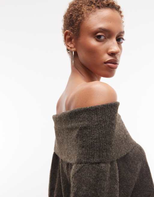 Weekday - Brunmeleret løstsiddende offshoulder-striktrøje med bardot-kant - Kun hos ASOS, 3 af 4