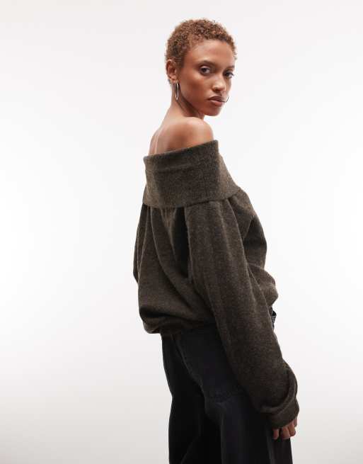 Weekday - Brunmeleret løstsiddende offshoulder-striktrøje med bardot-kant - Kun hos ASOS, 4 af 4